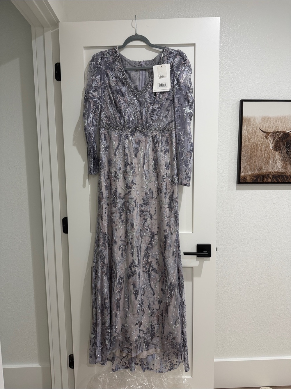 Mac Duggal Silver and dusty blue Sequin Long Sleeve Evening Gown